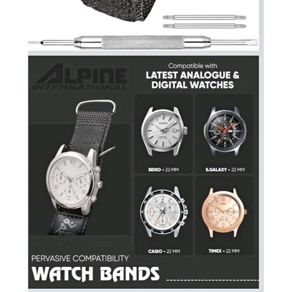 ALPINE INTERNATIONAL Black Nylon Wristwatch Band 22mm  Closure